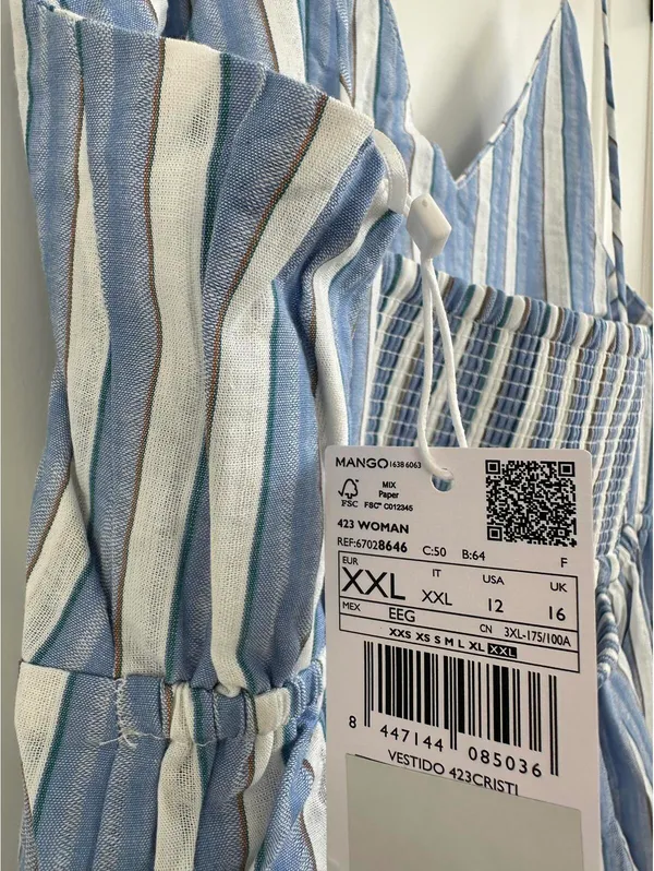 Mango 100% Cotton Cut-Out Back Striped Dress Sky Blue Stripe NWT Size XXL / 12 - Image 3