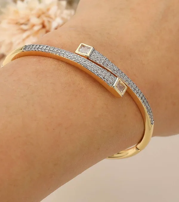 Stainless Steel Square Stone Tip Rhinestone Pave Hinged Bangle Bracelet Gold - Image 2