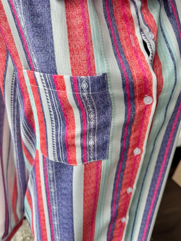 Boutique9 Bright Pink Orange Striped Long Sleeve Button Front Shirt Size Large - Image 2
