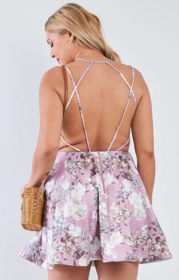 Boutique Plus Mauve Floral Open Back Fit & Flare Dress 1XL - Image 3