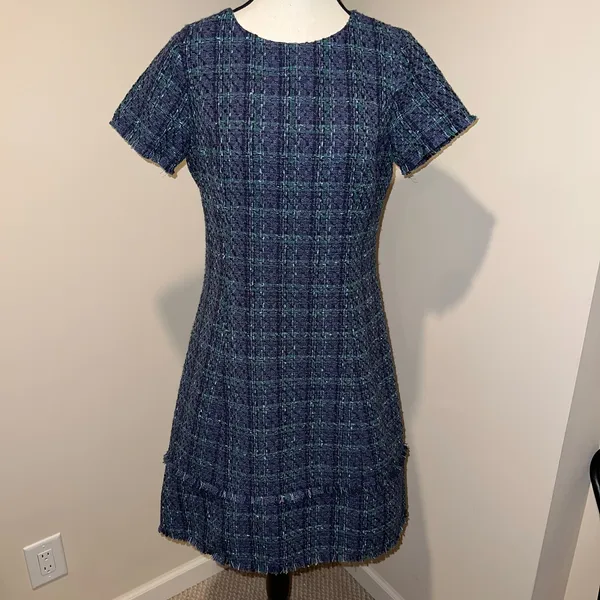 Sail to Sable Tweed Short Sleeve Shift Dress Tiered Hem Navy Blue/Green Size 6 - Image 2
