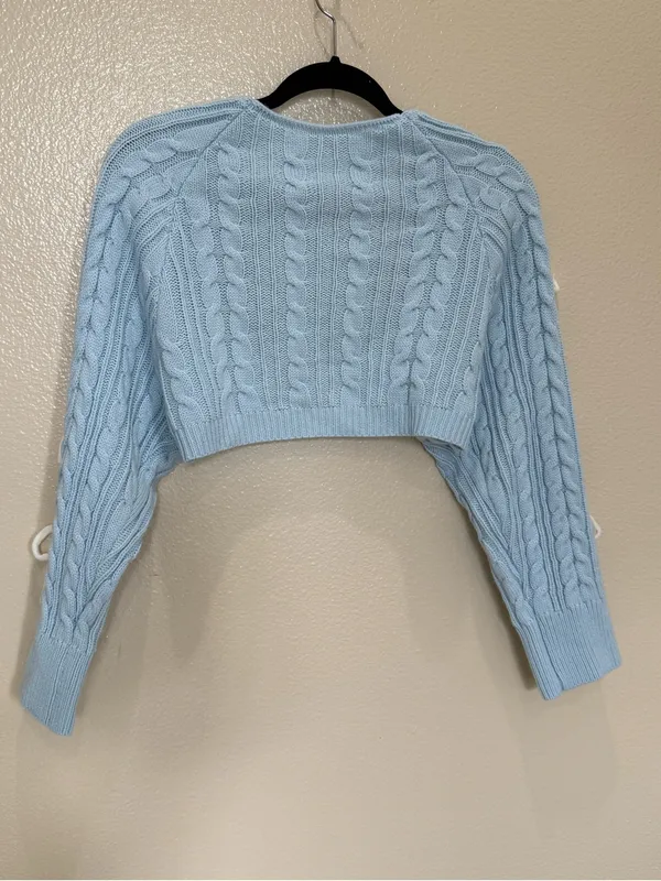 Cider Blue Cable Knit Bow Sleeve Crop Shrug Bolero Coquette Balletcore Large Y2K - Image 4
