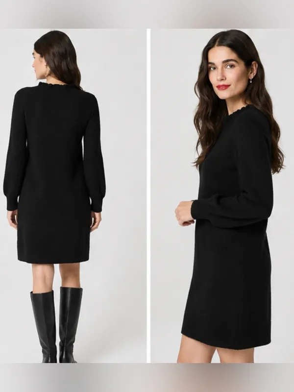 J.Crew Ruffle Neck Sweater Dress Womens Large Soft Knit Long Sleeve CP557 Black - Image 3
