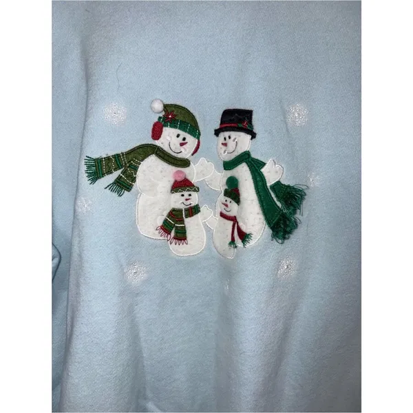 Vintage Christmas Snowman Blue Pullover Top Medium Grandmacore Winter Holiday - Image 3