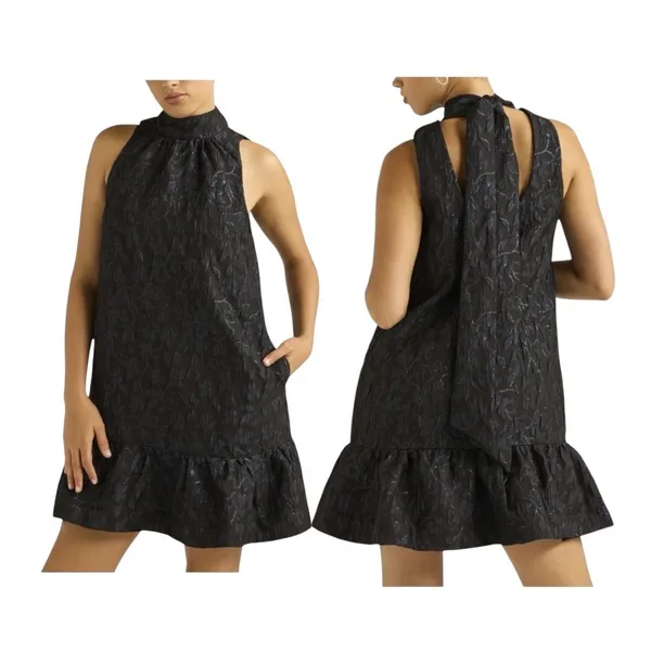 Scoop Mini Dress Women Large Black Blue Metallic‎ Floral Jacquard Mock Neck Tie - Image 2