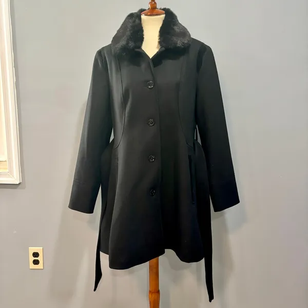 Faux Fur Collar Black Trench Coat Coquette Dark Academia Old Money Wool Blend XL - Image 5