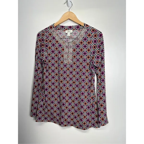 Ann Taylor Loft Beaded Geometric Print Top Purple‎ Orange Long Sleeve Blouse M - Image 4
