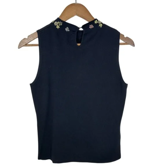 Vintage JAC Black Ribbed‎ Sleeveless Beaded Mock Neck Shell Tank Top Retro Girly - Image 3