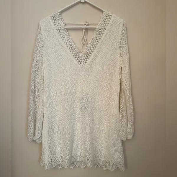 Mustard Seed White Lace Boho Mini Dress Long Sleeve V-Neck Size Medium NWT - Image 2