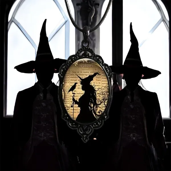 Witch And Raven Cameo Black Pendant, Vintage Style Gothic‎ Crow Glass Pedant - Image 7