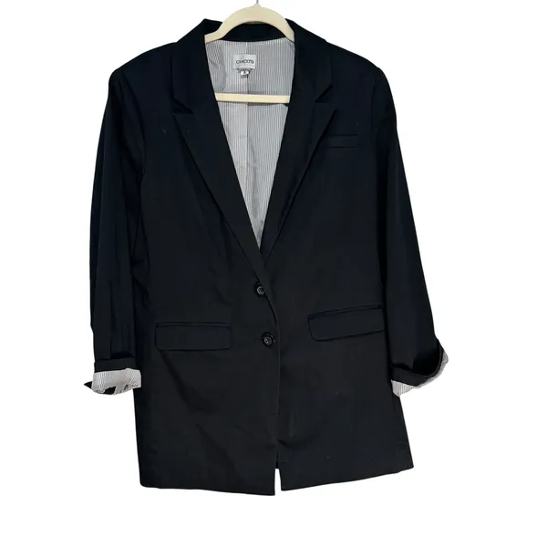Chicos Black Blazer Striped Cuffs Two Button Professional‎ Jacket Size 2 Large - Image 2