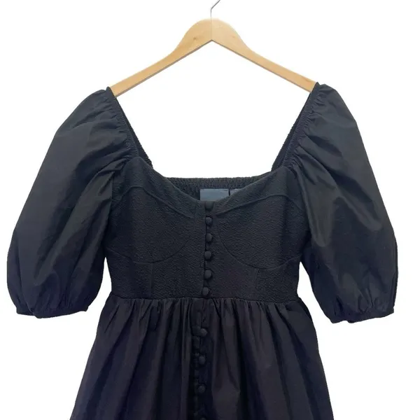 Anthropologie Maeve Puff-Sleeved Cotton Sweetheart Mini Dress Black Size Medium - Image 7