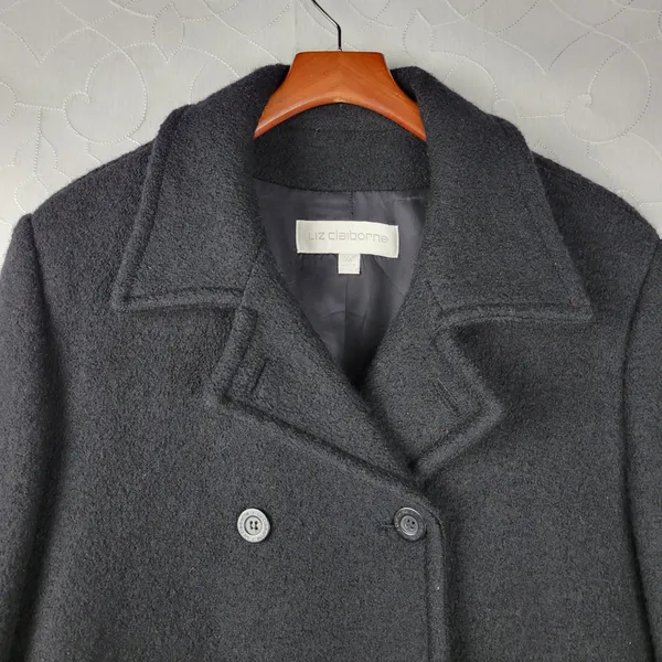 Liz Claiborne Womens Pea Coat 14 Black Wool Double Breasted Outerwear Winter - Image 5