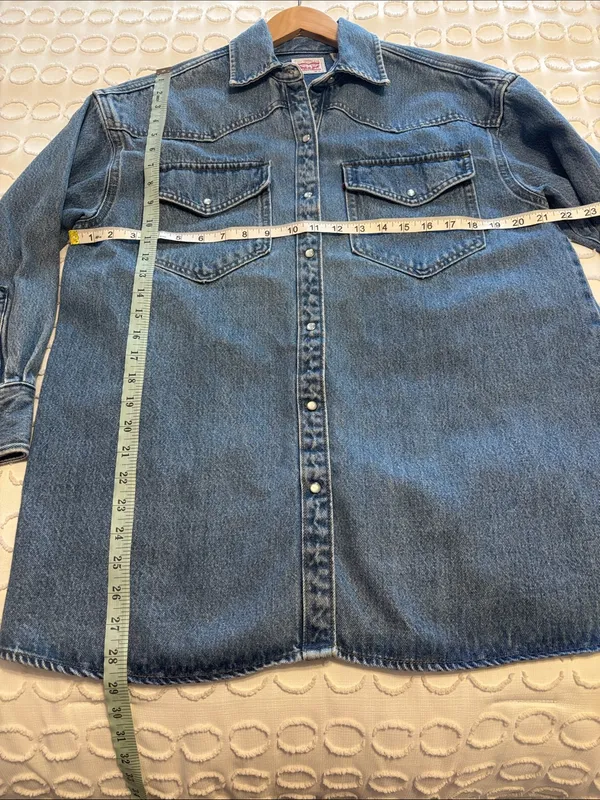 Levi's Denim Western Pearl Snap Shirt Oversized Blue Medium Wash XS - Image 5
