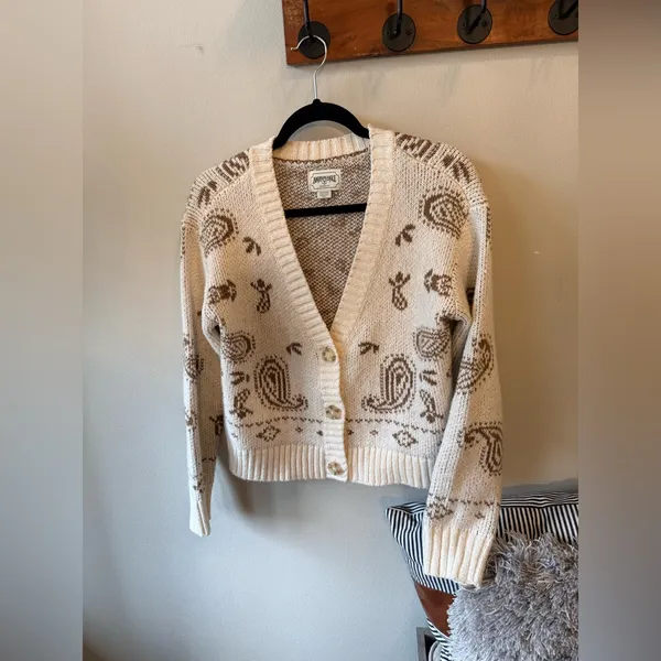 American Eagle Women's Cream and Brown Cardigan Size XS - Image 5