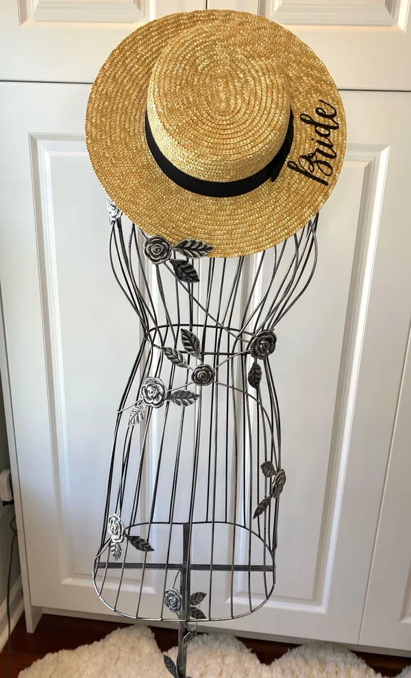 Bride Custom Wicker Straw Hat w/ Black Bow Hand Painted Vynl - Image 9