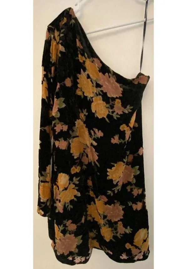 Vestique Black Floral One Shoulder Long Sleeve short Dress Women's Sz Small - Image 2