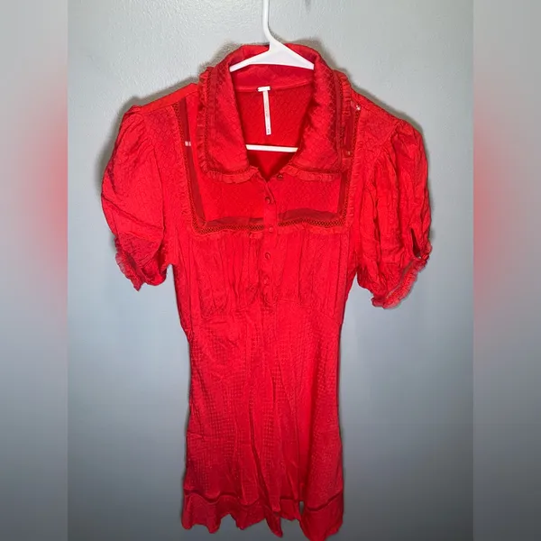 Free People Women's Cherry Crush Warm Glow Mini Dress w/ Ruffle Lace Trim Medium - Image 2