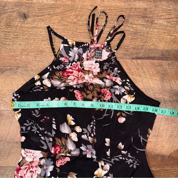 SheIn Black and Pink Floral Print Split Thigh Halter Maxi Dress with Slit - Image 10