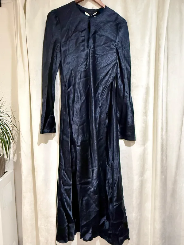 Zara Midnight Blue Long-Sleeve Midi Wrap Dress Size Small - Image 3