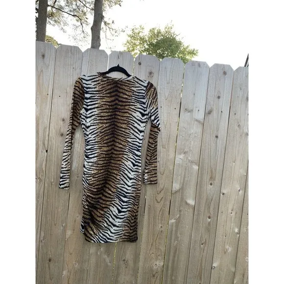 Grecerelle Tiger Print Bodycon Dress Size Small animal‎ long sleeve club summer - Image 8