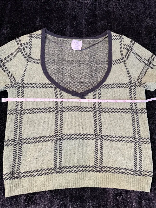 RVCA Green Black Plaid Knit Crop Top Bow Scoop Neck Short Sleeve EUC Size M - Image 8