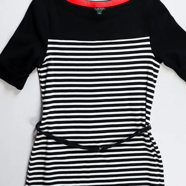 Lauren Ralph Lauren Sheath‎ Dress Women Size L Black White Striped Belted Cotton - Image 11