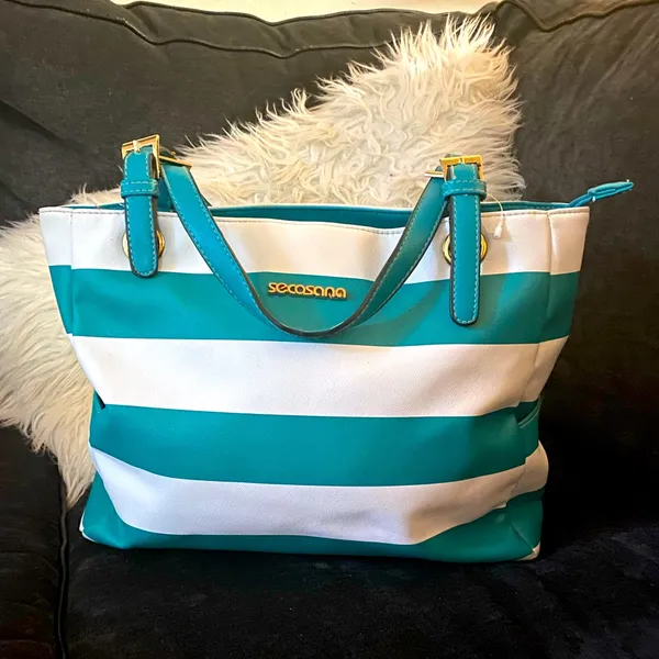 Secosana Teal Stripe Tote Bag | Large Shoulder Purse Travel Beach Work - Image 2