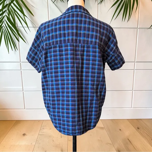 Madewell XS Blue Plaid Short Sleeve Popover Shirt 100% Cotton - Image 5