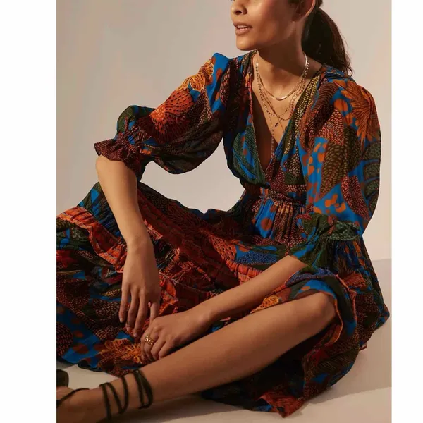 Anthropologie x Farm Rio Puff Sleeve Maxi Dress Size Small - Image 9