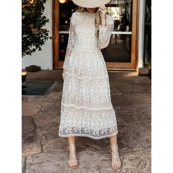 Bohme Lola Lace Midi Dress Small Beige Ivory Embroidered Sheer Long Sleeve Boho - Image 12