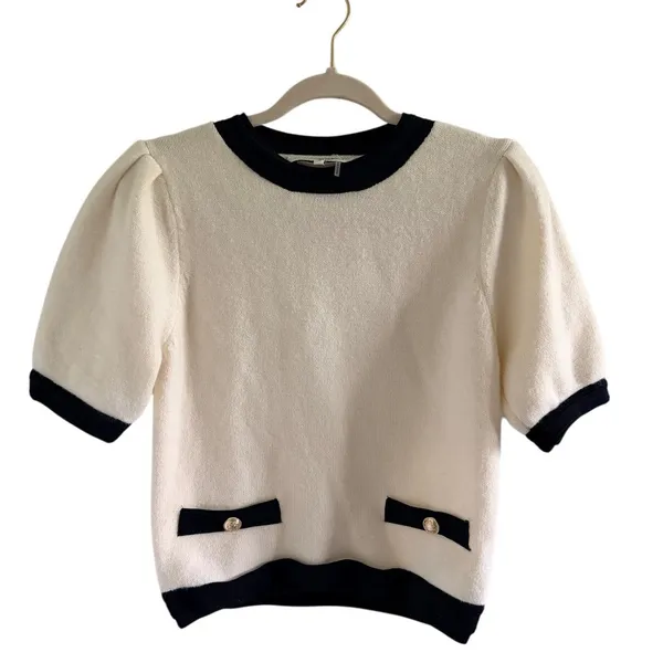 English Factory Cream Puff Sleeve Sweater Top Black Trim Gold M - Image 2