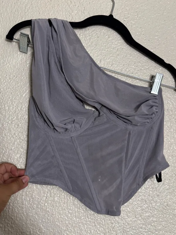 Missguided One-Shoulder Light Gray mesh Corset zip up Top size 6 - Image 3