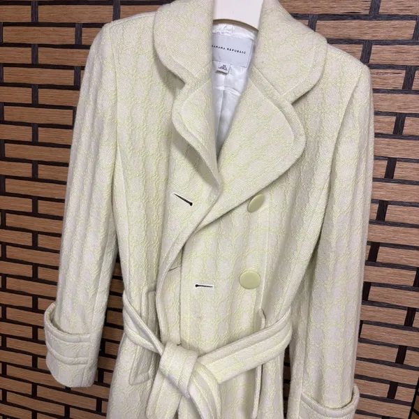 Banana Republic‎ Lime Green And White Wool Blend Trench Coat Size XS - Image 2