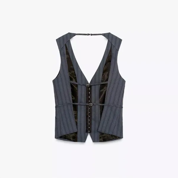 NWT Zara Pinstripe Grey Blue Vest with hook front and straps back Large - Image 2