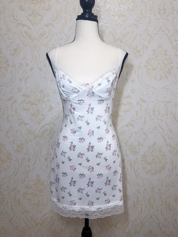 Cute white pink coquette floral lace trim mini dress with pink roses night gown size xs-s - Image 3