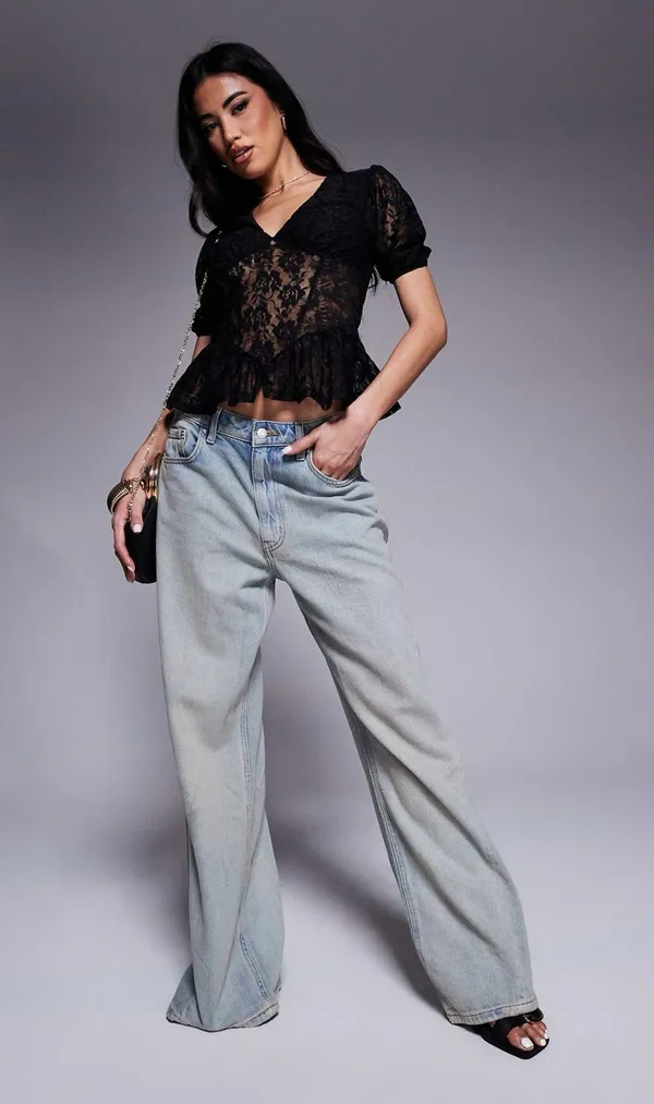 NWT Black Lace see through Cap Sleeve Babydoll high low Top size M - Image 4