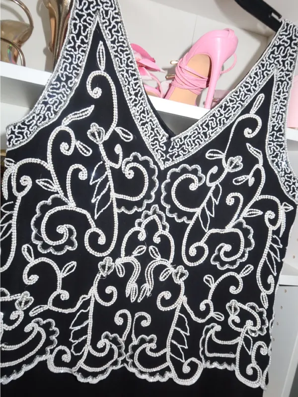 J Kara Black Maxi Dress with White Beaded Floral Bodice - Image 11