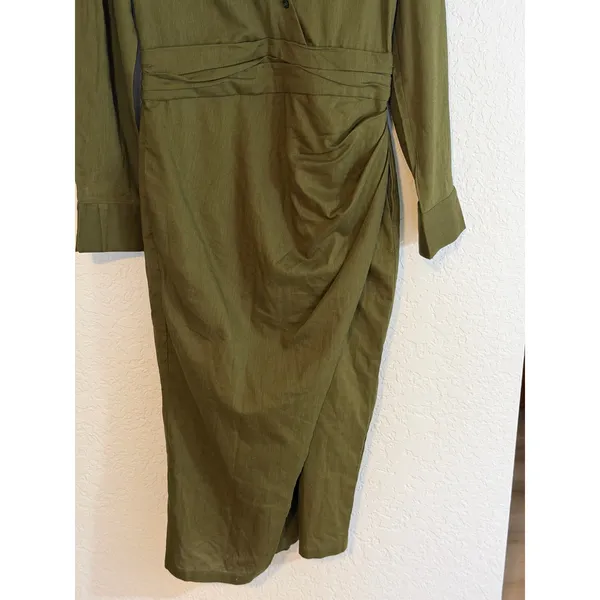 MODESEES Dress Olive M Womens Ruched Faux Wrap‎ Long Sleeve Midi Modest - Image 9