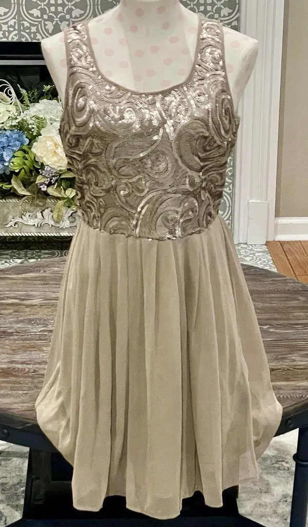 Doe & Rae Boutique Gold Sequin Beaded Sleeveless Cocktail Dress - Small - NWT - Image 2