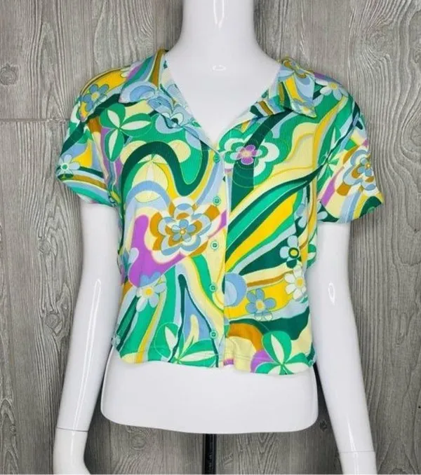 Nwt rue21 cropped collared button down shirt tie dye swirl 70s style XL - Image 3