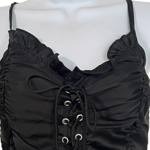 Cider Corset Top Women's Med Black Satin Lace Up Ruffle Cropped Cami Goth Punk - Image 7