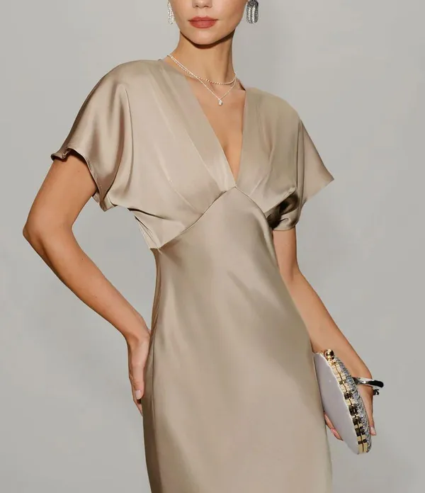 Rihoas Apricot V Neck A-Line Satin Midi Dress - Image 2