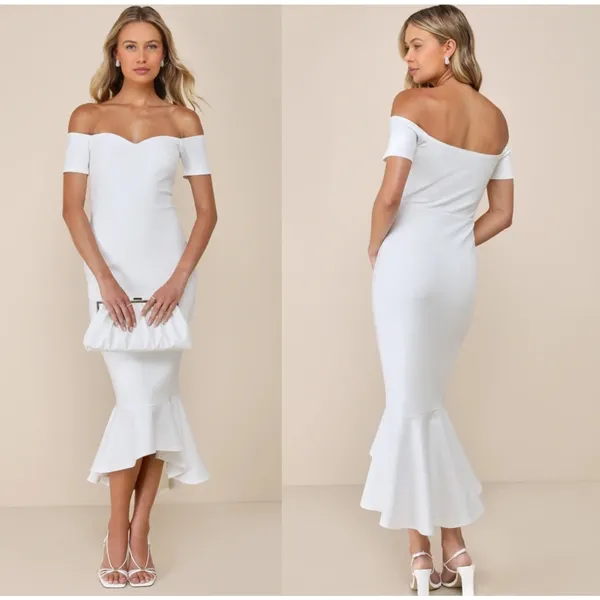 Lulus How Much I Care Ivory Off-the-Shoulder Midi Dress Mermaid Bridal Medium - Image 2