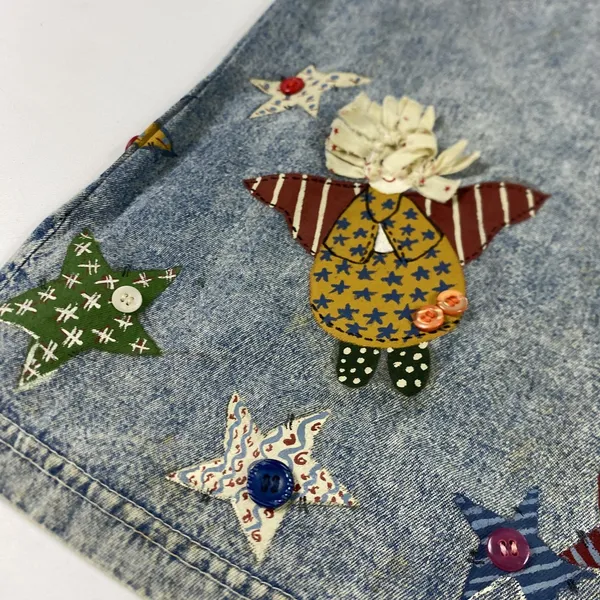 Vintage Angel Stars Denim Shirt Womens Large Blue‎ Applique Buttons 90s - Image 2