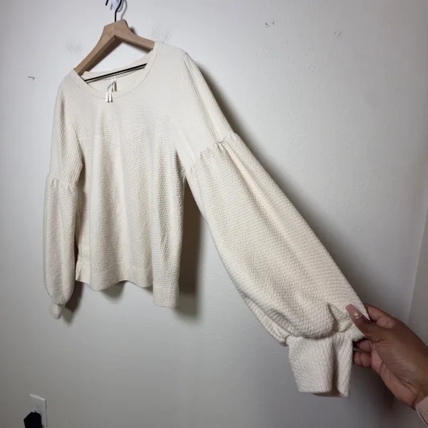 Anthropologie Women Cotton Knit Top XL Cream‎ Textured Balloon Sleeve Preppy - Image 3