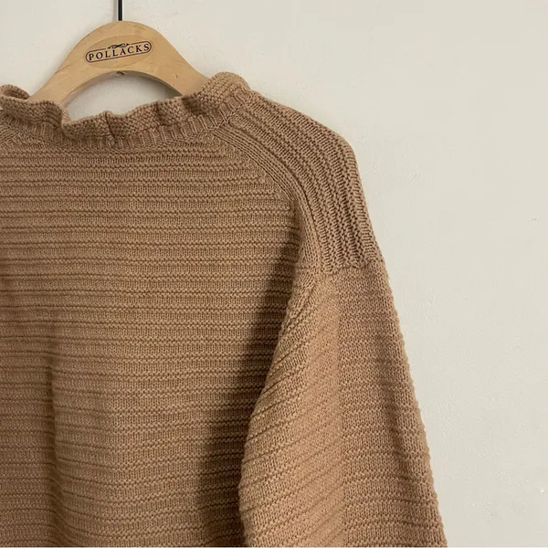 Madewell Merino Wool Blend Textured Knit Ruffle Sweater Camel Brown Size S - Image 7