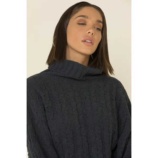 Pol Turtleneck Sweater Women's Medium Dark Gray Cable Knit High-Low Hem Pullover - Image 3