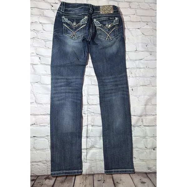 Miss Me Jeans Womens 28 Signature Skinny Blue Jeans Rhinestones Embroidered - Image 4