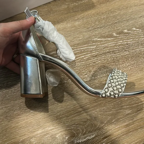 Elegant Silver Block Heel Sandals with pearl accents - 3 in heel - Image 3